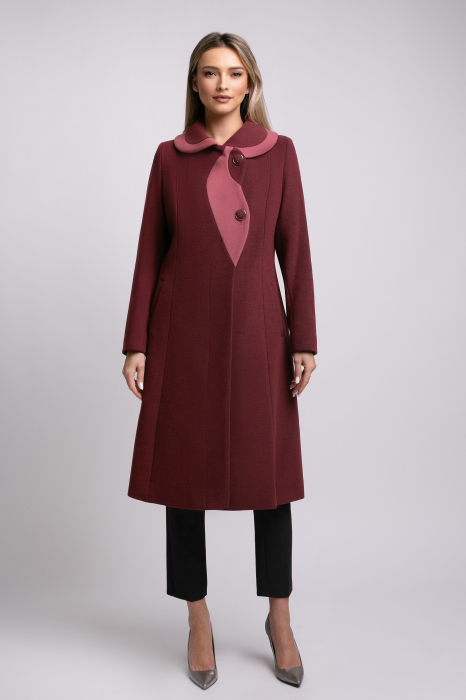 Palton SENTIERRI vișiniu din lână cu detaliu contrastant [3]