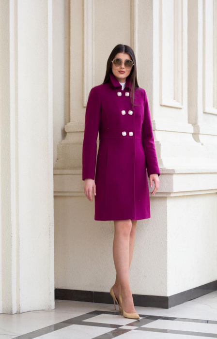 Palton Verona fucsia din lână cu nasturi [5]