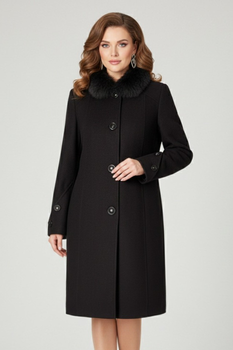 Palton Viada negru din lână cu guler detașabil din blană naturală [1]