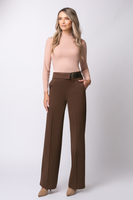 Pantaloni casual largi maro cu dungă [6]