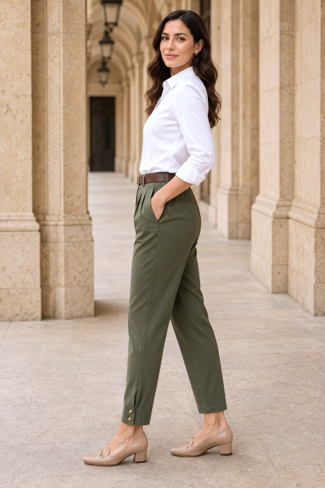 Pantaloni office verde-kaki din stofă cu curea și elastic în talie [2]