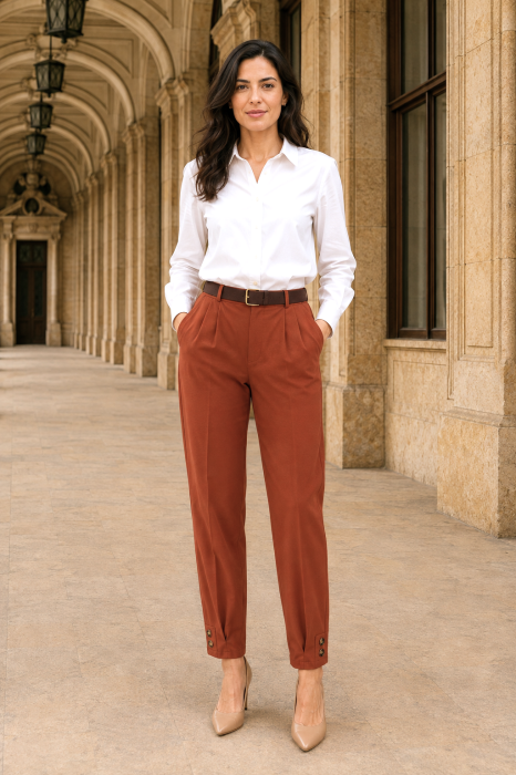 Pantaloni office cărămiziu din stofă cu curea și elastic în talie [5]