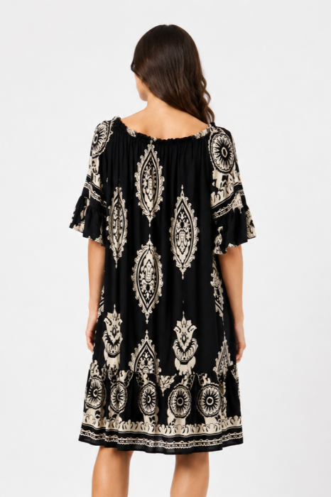 Rochie de vară neagră cu imprimeu bej [3]