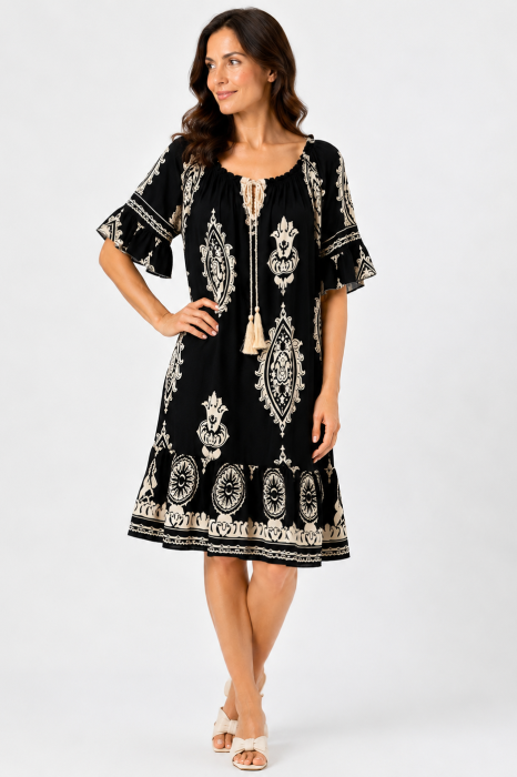 Rochie de vară neagră cu imprimeu bej [2]