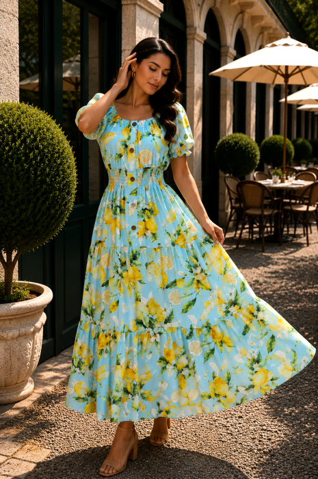 Rochie bleu lungă de vară imprimată cu lămâi [2]