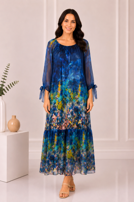 Rochie albastru închis de vară din mătase naturală cu imprimeu abstract [3]