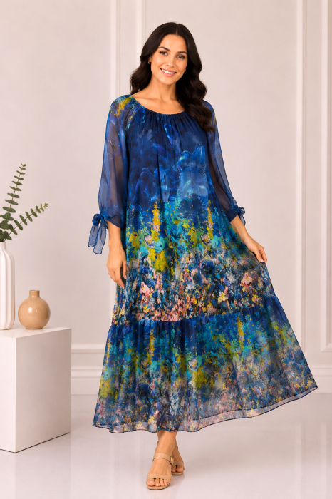 Rochie albastru închis de vară din mătase naturală cu imprimeu abstract [2]