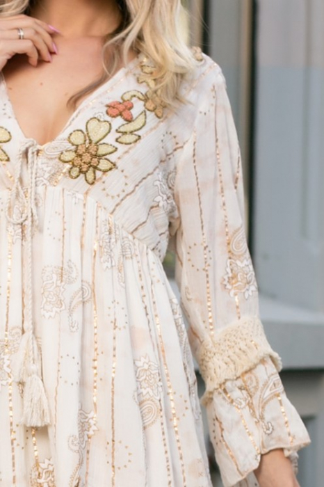Rochie Ama Boho style scurtă din bumbac cu imprimeu auriu [4]