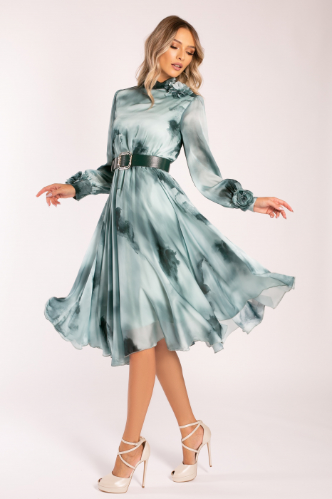 Rochie Brina verde mentă din mătase accesorizată cu flori 3D [5]