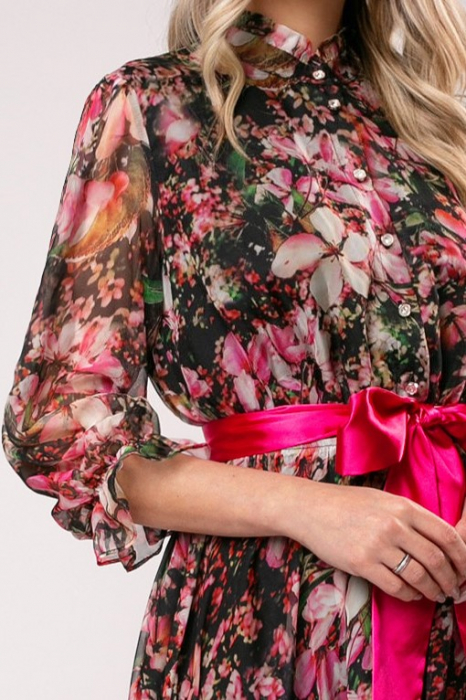 Rochie Anabel roz din mătase cu imprimeu floral [4]