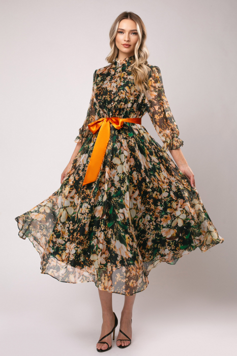 Rochie Anabel portocalie din mătase cu imprimeu floral [2]