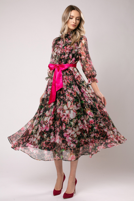 Rochie Anabel roz din mătase cu imprimeu floral [2]