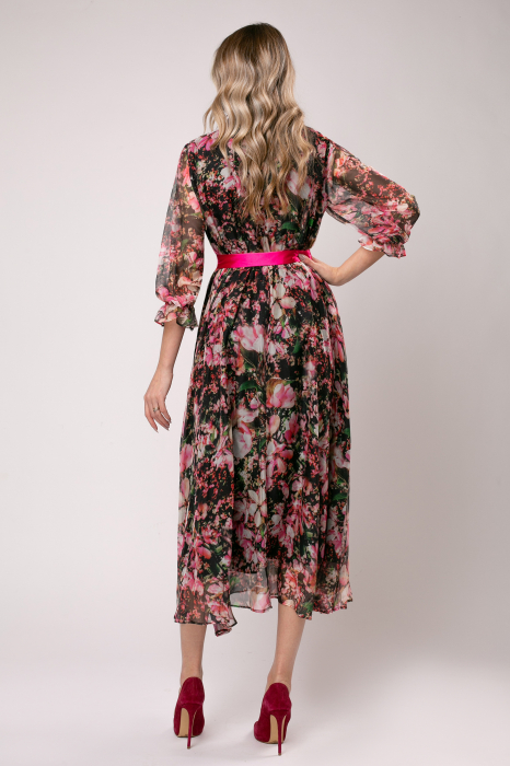 Rochie Anabel roz din mătase cu imprimeu floral [3]