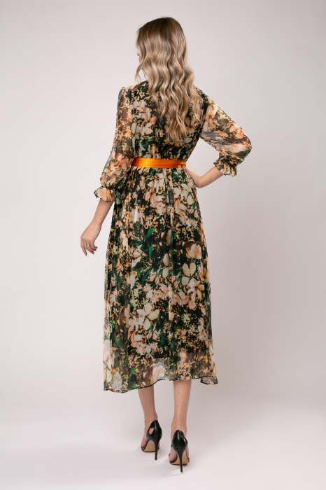 Rochie Anabel portocalie din mătase cu imprimeu floral [3]
