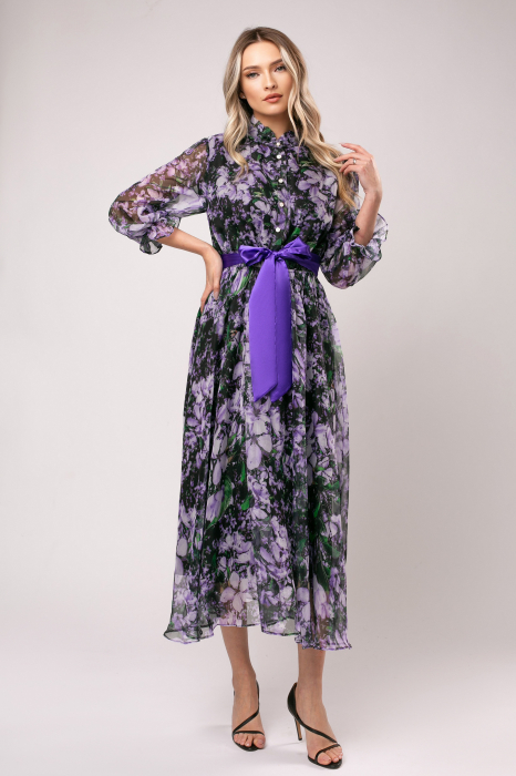 Rochie Anabel lila din mătase cu imprimeu floral [2]