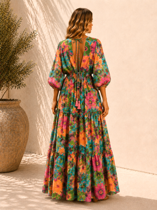 Rochie Boho style lungă din mătase cu decolteu în V [2]