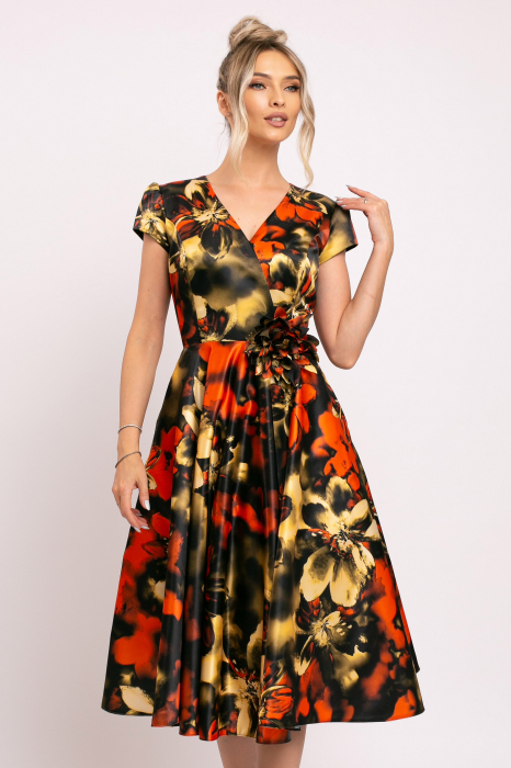 Rochie Ania portocalie din tafta cu imprimeu floral [5]