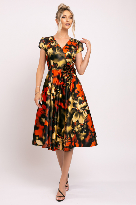 Rochie Ania portocalie din tafta cu imprimeu floral [2]