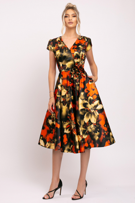 Rochie Ania portocalie din tafta cu imprimeu floral [3]
