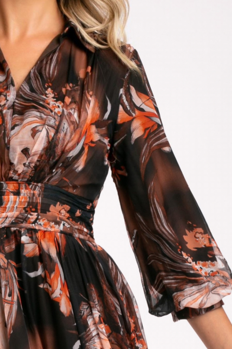 Rochie Armina maro din mătase cu imprimeu floral [4]
