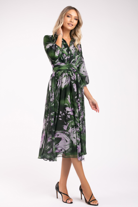 Rochie Armina verde din mătase cu imprimeu floral [2]