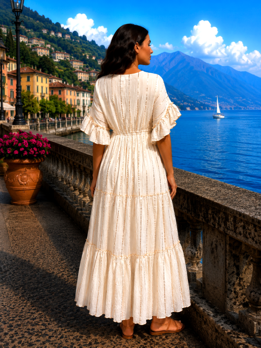 Rochie lungă de vară albă cu broderie florală aurie [3]