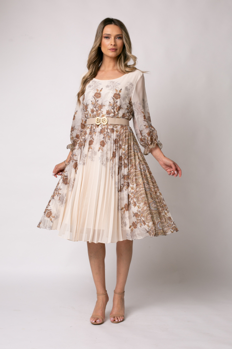 Rochie bej cu imprimeu floral și pliuri pe fustă [2]