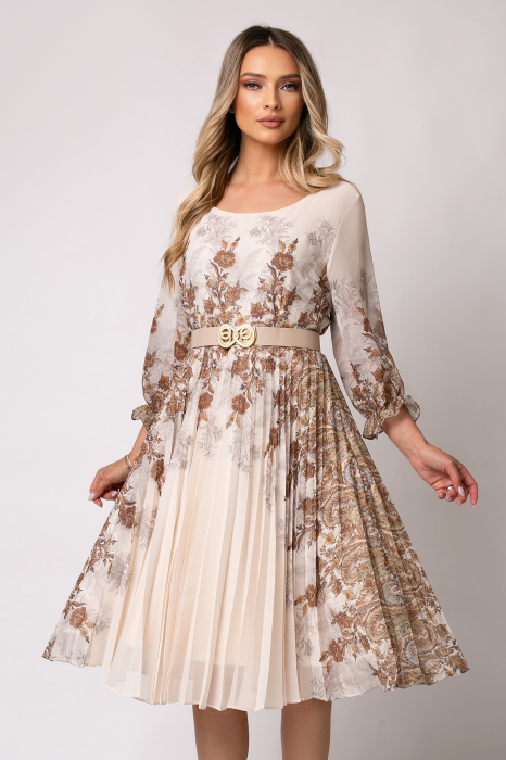 Rochie bej cu imprimeu floral și pliuri pe fustă [5]