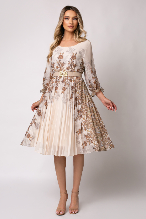 Rochie bej cu imprimeu floral și pliuri pe fustă [2]
