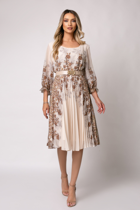 Rochie bej cu imprimeu floral și pliuri pe fustă [6]