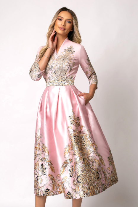 Rochie Bety roz din tafta tip chimono [6]