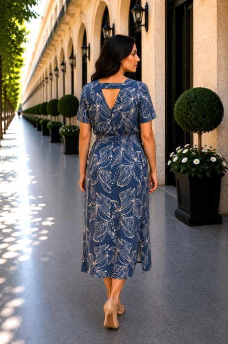 Rochie midi albastră cu imprimeu floral și cordon în talie [3]
