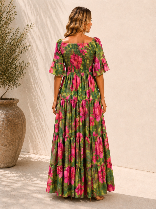 Rochie Boho style lungă din mătase cu bust elastic [4]