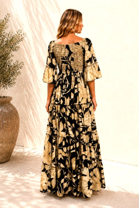 Rochie Boho style lungă din mătase cu bust elastic [2]