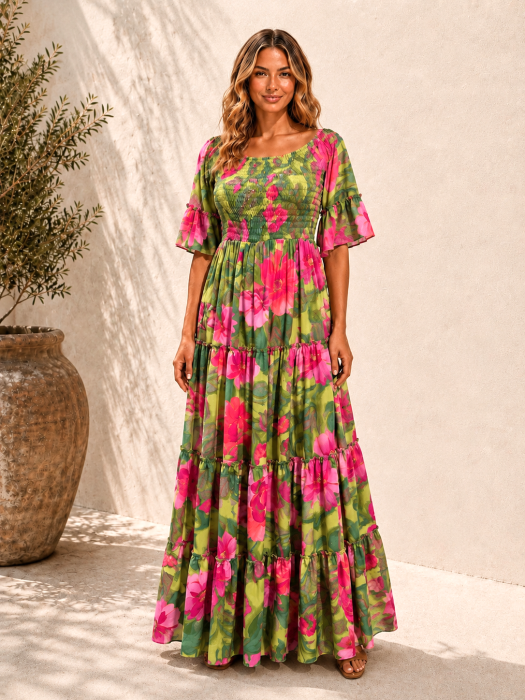 Rochie Boho style lungă din mătase cu bust elastic [2]