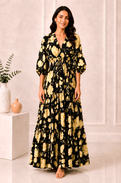 Rochie Boho style lunga din matase cu decolteu in V