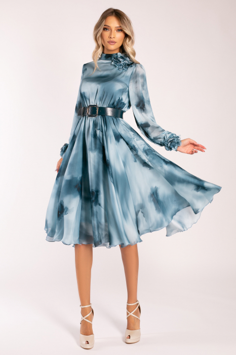 Rochie Brina albastră din mătase accesorizată cu flori 3D [2]