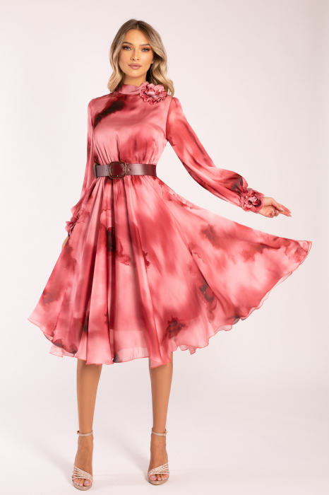 Rochie Brina corai din mătase accesorizată cu flori 3D [2]