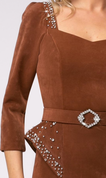 Rochie Bruma camel din catifea accesorizată în talie cu pietricele [7]