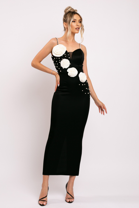 Rochie Clara elegantă, lungă neagră cu trandafiri și perle [2]