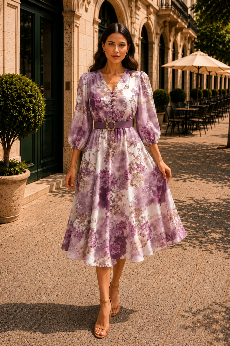 Rochie midi cu imprimeu floral mov și curea in talie [6]