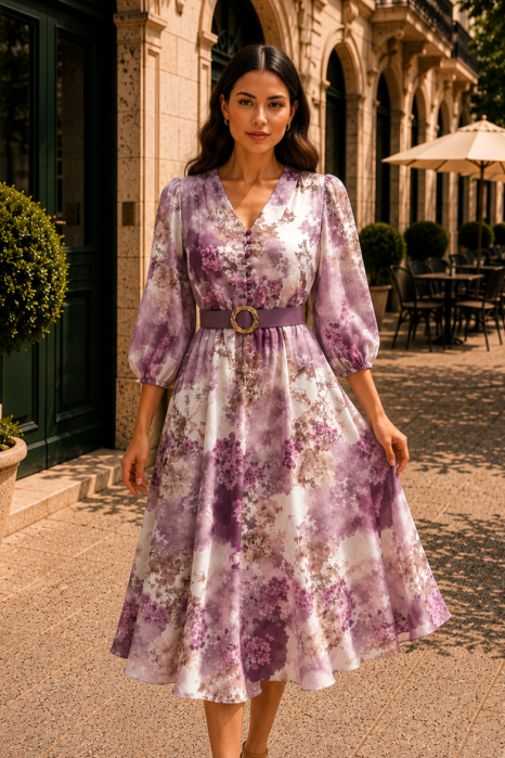 Rochie midi cu imprimeu floral mov și curea in talie [3]