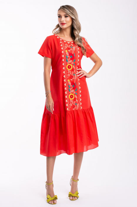Rochie corai din bumbac cu flori brodate [4]