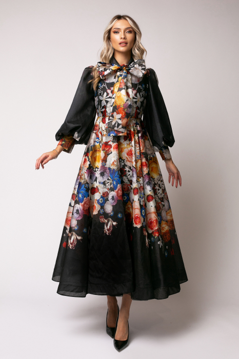 Rochie Crina elegantă cu fundă la gât si mâneci bufante [2]