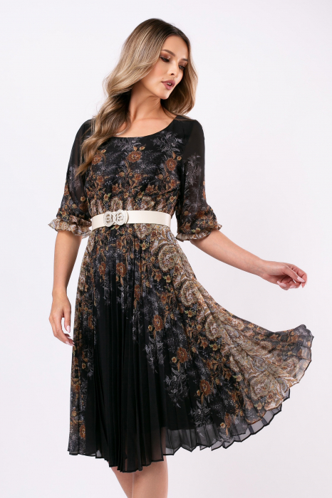 Rochie cu imprimeu floral și pliuri pe fustă [5]