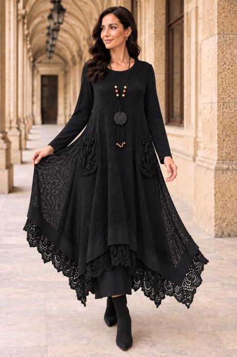 Rochie damă neagră stil boho, croșetată din bumbac și vâscoză [4]