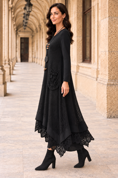 Rochie damă neagră stil boho, croșetată din bumbac și vâscoză [2]