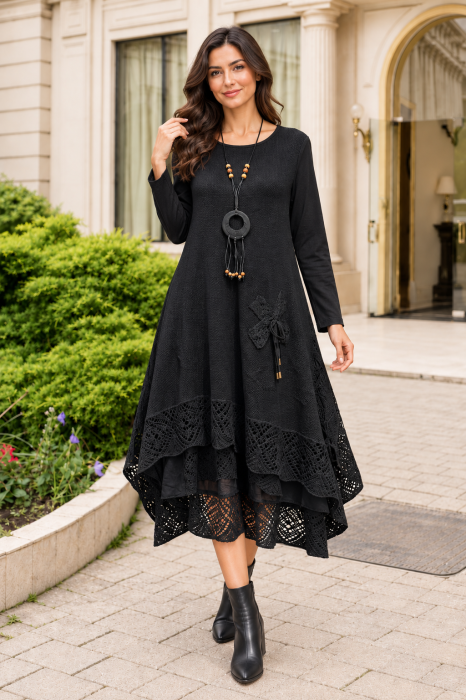 Rochie damă neagră stil boho, croșetată din bumbac și vâscoză [3]