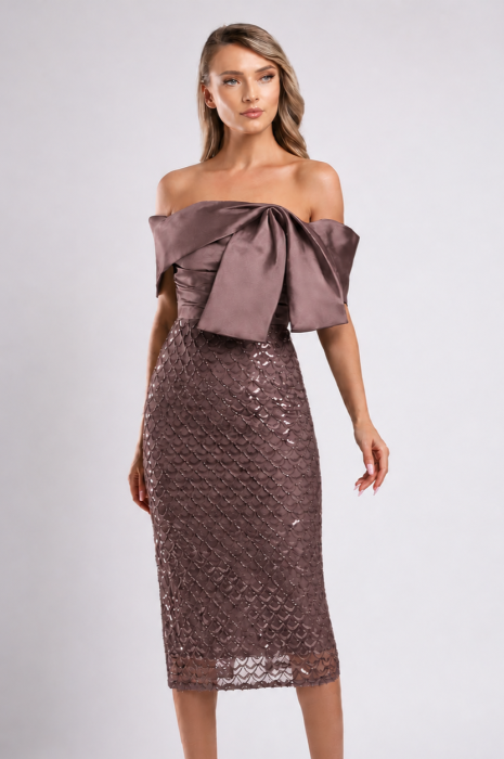 Rochie de ocazie maro accesorizată cu paiete [2]