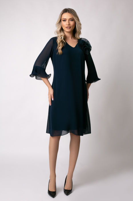 Rochie de ocazie mărime mare bleumarin accesorizată cu floare 3D [4]